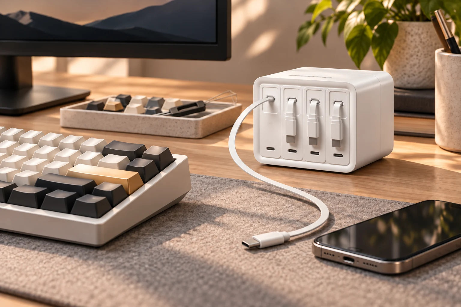 White F63 charging station beside a cream and charcoal mechanical keyboard and spare keycaps