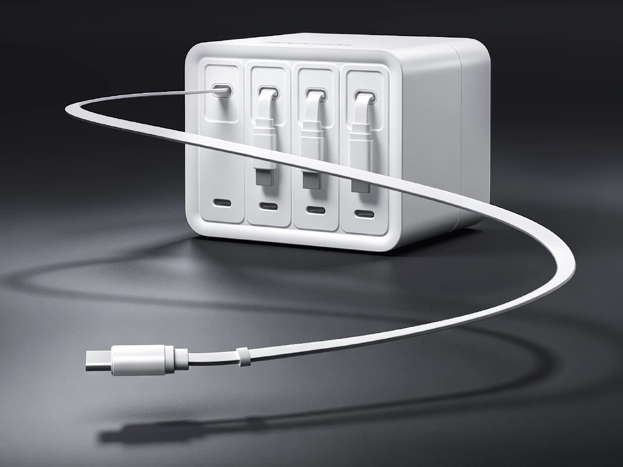 F63 product photograph showing four retractable cables and four fixed USB-C ports