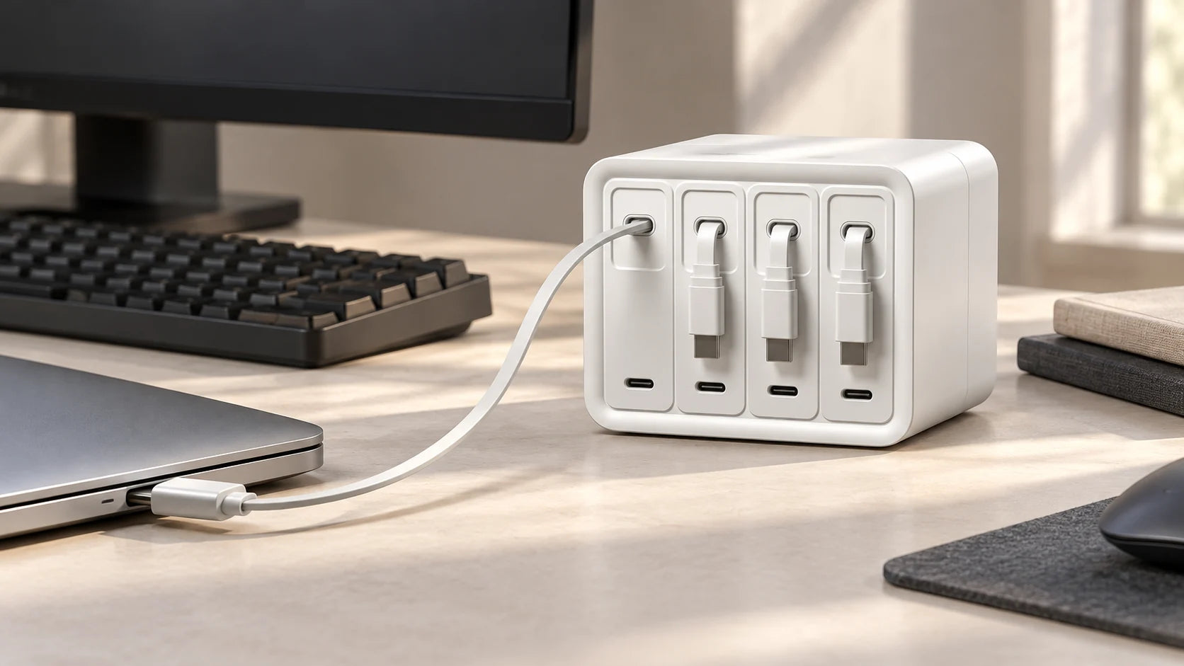 White F63 charging station on a warm neutral desk beside a monitor, keyboard and laptop