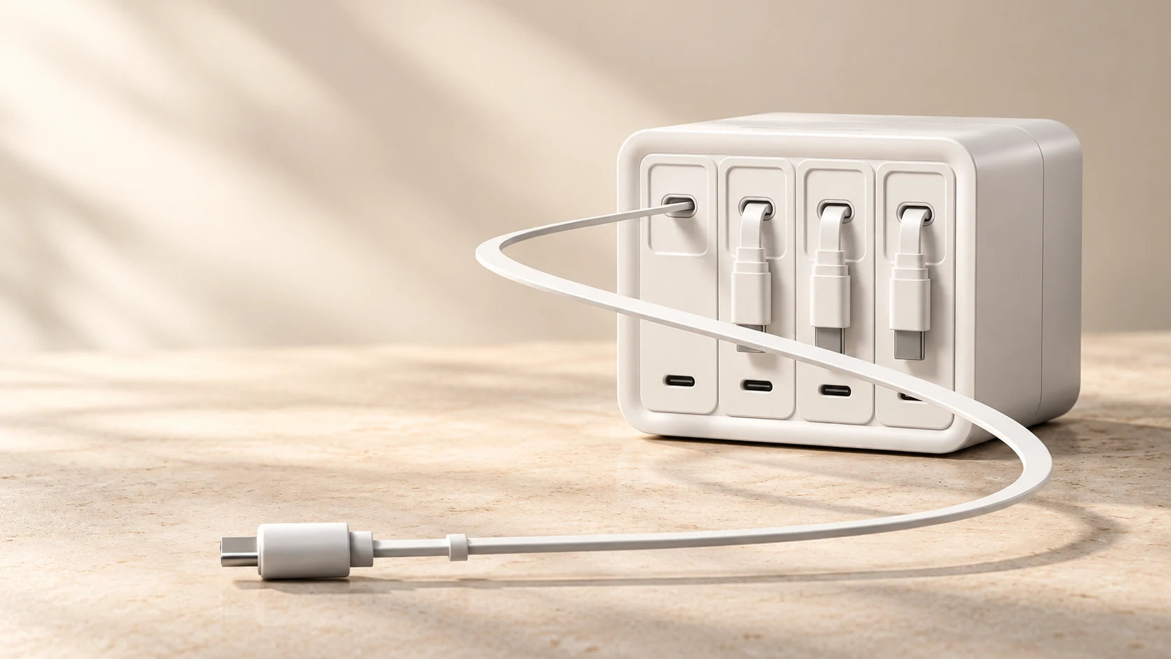 White F63 charging station and extended USB-C cable in a warm stone setting
